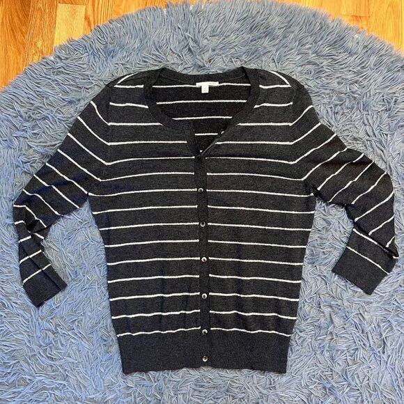 Halogen Gray White Striped Metallic Button Down Cardigan Size M - Picture 1 of 5